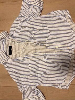 Zara Blue and White Striped Linen-Blend Shirt